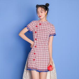 여름 신상 여성 개량 민족풍 스트라이프 미니 원피스