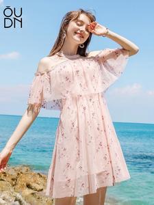 여성 여름 신상 누드 핑크 오프숄더 쉬폰 원피스