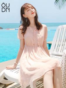 여성 여름 신상 자수 핑크 쉬폰 원피스